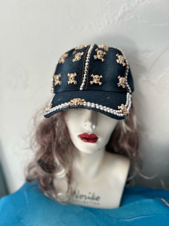 Private Label Accessories - Private Label Black Denim Cap with Gold Skull & Crystal Trim
